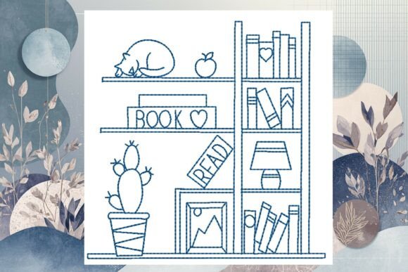 Bookshelf 2 Line Art: A Cozy Embroidery Design
